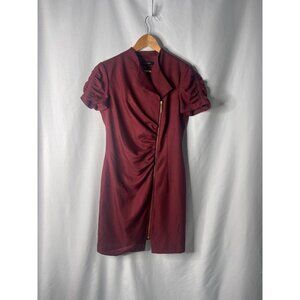 Ellen Tracy Womens Burgundy Dress Size 8 With Gold Zipper & Ruched Sleeves 100%